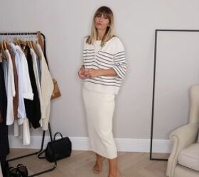 how to build a fall capsule wardrobe with pieces you ll actually wear, White bodycon dress with a striped sweater