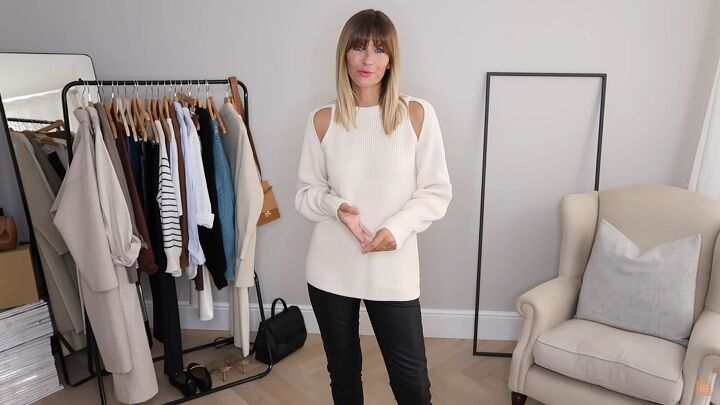 how to build a fall capsule wardrobe with pieces you ll actually wear, Cream cut out sweater for fall