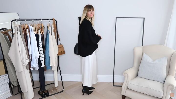 how to build a fall capsule wardrobe with pieces you ll actually wear, Cozy black hoodie with a white silk skirt