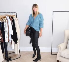 how to build a fall capsule wardrobe with pieces you ll actually wear, Leather pants with a blue cardigan