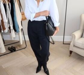 how to build a fall capsule wardrobe with pieces you ll actually wear, Tapered dressed pants with an oversized shirt