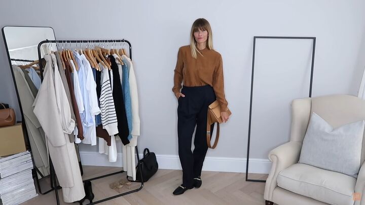 how to build a fall capsule wardrobe with pieces you ll actually wear, Brown silk blouse with dress pants