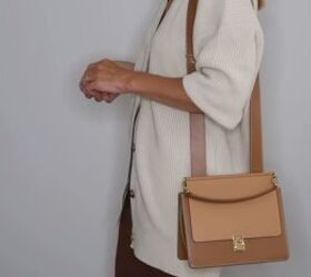 how to build a fall capsule wardrobe with pieces you ll actually wear, Square dual tone shoulder bag in camel