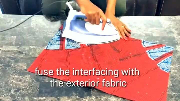 diy clutch purse tutorial how to make a purse out of cardboard, Ironing fabric to the fusible interfacing