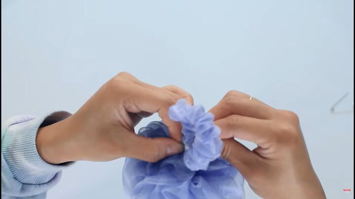 how to make an adorable diy flower scrunchie that looks like a peony, Sewing the flower to the scrunchie