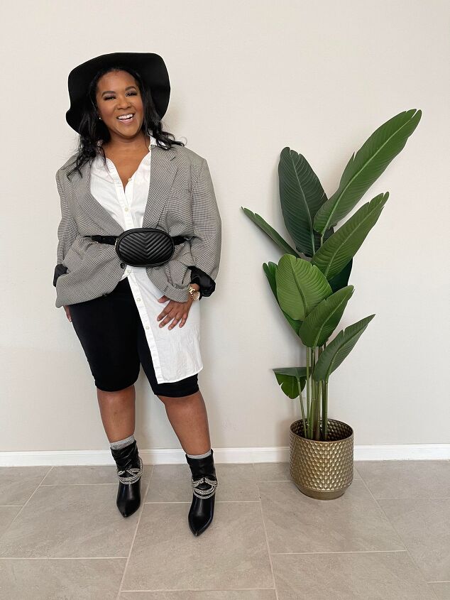 style the basic essential living room looks for thanksgiving blazer, Outfit Details Blazer Thrifted Top Ralph Lauren Shorts Justin local store in Houston Fanny Pack Steve Madden Boots Forever 21