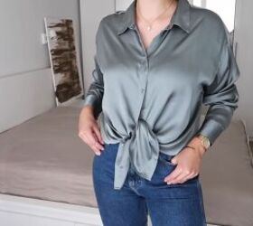 silk shirt outfit ideas 7 ways to style tuck tie your button down, Knotted button down silk shirt