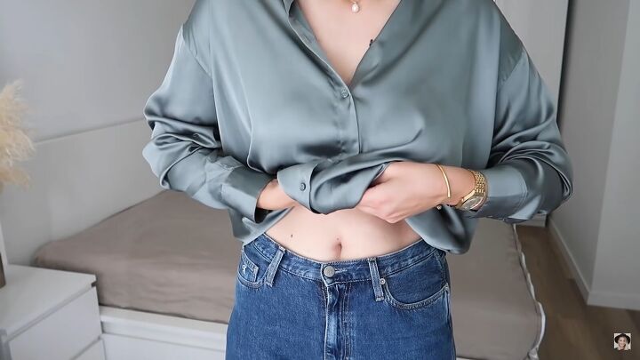 silk shirt outfit ideas 7 ways to style tuck tie your button down, Tucking the silk shirt under your bra