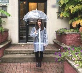 how to make a cute custom raincoat from an old coat gingham fabric, Plastic raincoat before the upcycle