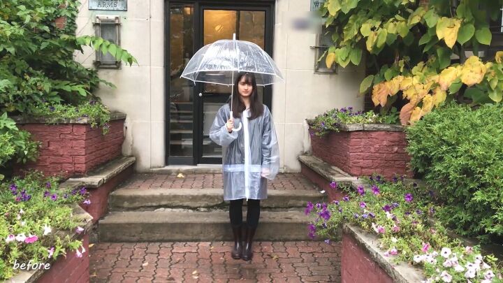 how to make a cute custom raincoat from an old coat gingham fabric, Plastic raincoat before the upcycle