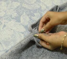 how to make a cute cozy knit sweater from scratch in 5 simple steps, Pinning the ribbed fabric along the neckline