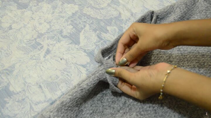 how to make a cute cozy knit sweater from scratch in 5 simple steps, Pinning the ribbed fabric along the neckline