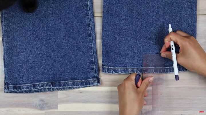 jeans too long here s how to hem flared jeans keep the original hem, Marking the new hem of the jeans