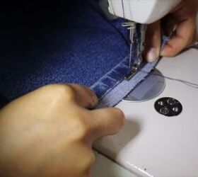 jeans too long here s how to hem flared jeans keep the original hem, Using a zipper foot to hem the flared jeans
