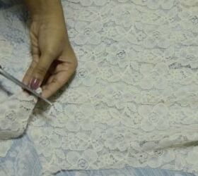 diy lace dress tutorial how to make a cute bell sleeve shift dress, Carefully cutting around the lace design