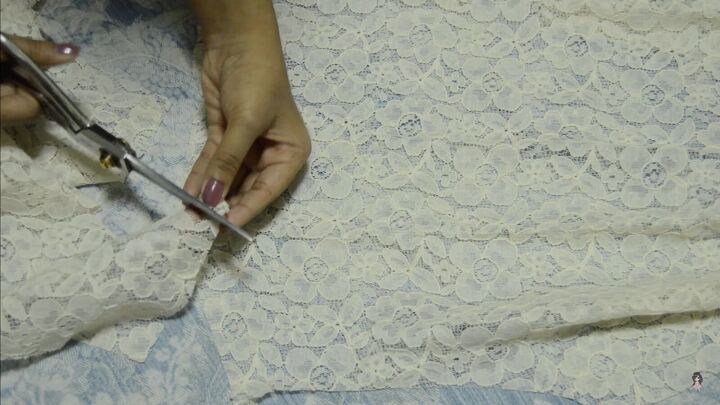 diy lace dress tutorial how to make a cute bell sleeve shift dress, Carefully cutting around the lace design