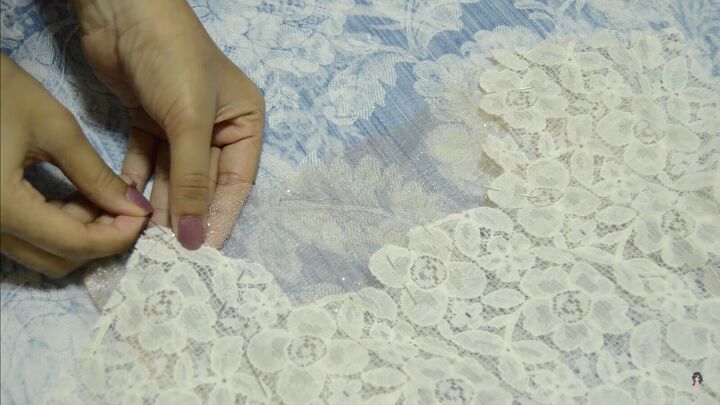 diy lace dress tutorial how to make a cute bell sleeve shift dress, Attaching interfacing to the neckline