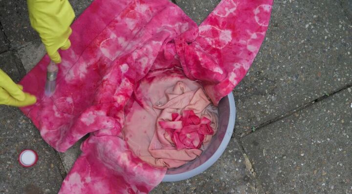 how to tie dye a hoodie out of this world diy galaxy hoodie tutorial, Bleaching the pink tie dye hoodie