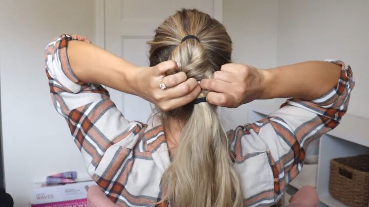 how to do a faux fishtail braid a quick easy faux fishtail hack, Pulling hair to make a faux fishtail braid