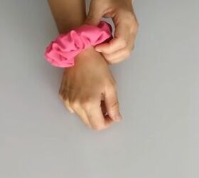 how to sew hair scrunchies quick easy scrap fabric project, Pink DIY scrunchie on a wrist
