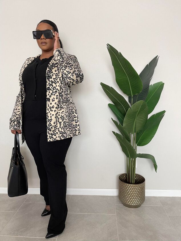 style the basic essential living room looks for thanksgiving leopard, Outfit Details Blazer Thrifted Jumpsuit Dillard s Shoes Thrifted Steve Madden Purse H M