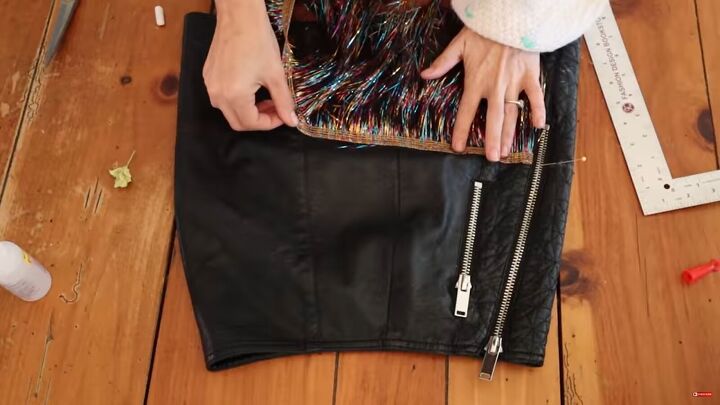 need a unique holiday outfit make this festive diy tinsel skirt, Attaching tinsel to the skirt