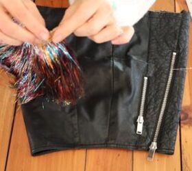 need a unique holiday outfit make this festive diy tinsel skirt, Gluing the tinsel to the skirt