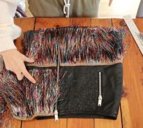 need a unique holiday outfit make this festive diy tinsel skirt, Measuring where to put the second tinsel layer
