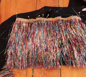 need a unique holiday outfit make this festive diy tinsel skirt, Pinning tinsel to the pants