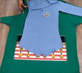 how to make an easy diy elf costume using a novelty christmas t shirt, Cutting one side of the romper pattern