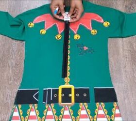 how to make an easy diy elf costume using a novelty christmas t shirt, Placing the zipper on the DIY elf costume