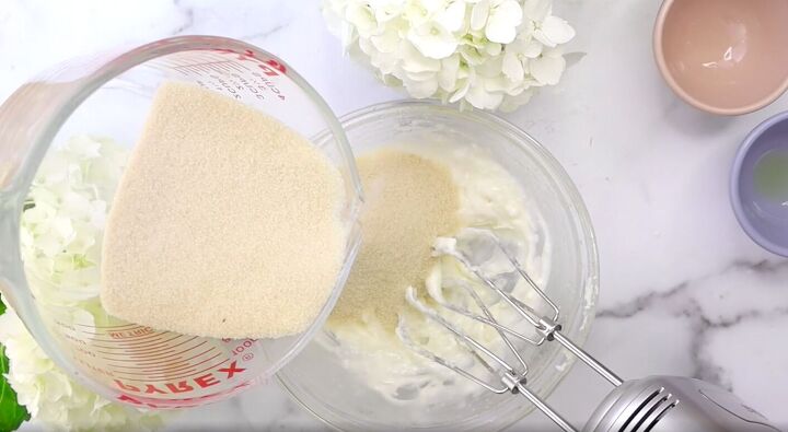try this easy homemade whipped body scrub recipe with rose fragrance, Adding sugar into the whipped mixture