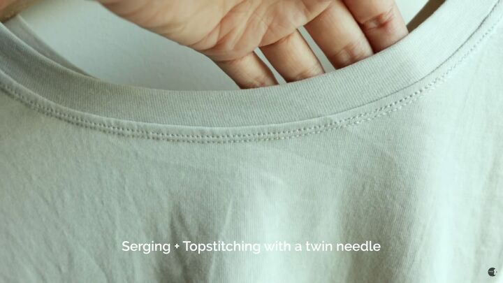 how to sew a t shirt a detailed look at finishing a t shirt neckline, Topstitching to finish the neckline