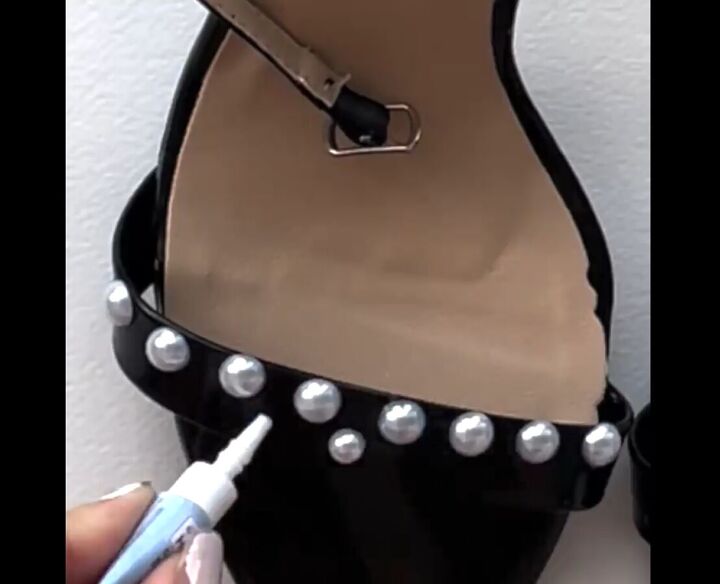 3 easy ways you can make cute unique diy embellished heels, Gluing pearl stickers onto heel straps