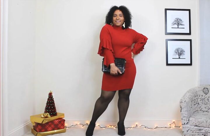 4 more stylish red christmas outfits for the festive season, Red sweater dress Christmas outfit