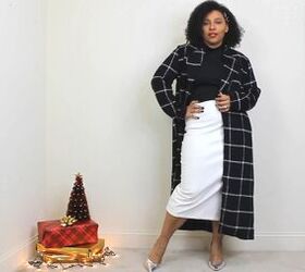 5 festive christmas skirt outfits that are perfect for the holidays, Accessorizing with a long pea coat