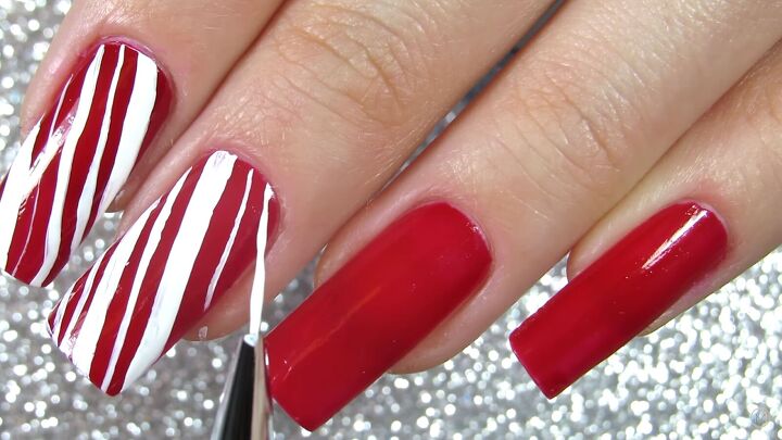 how to do cute red white candy cane christmas nails for the holidays, How to do candy cane Christmas nail art