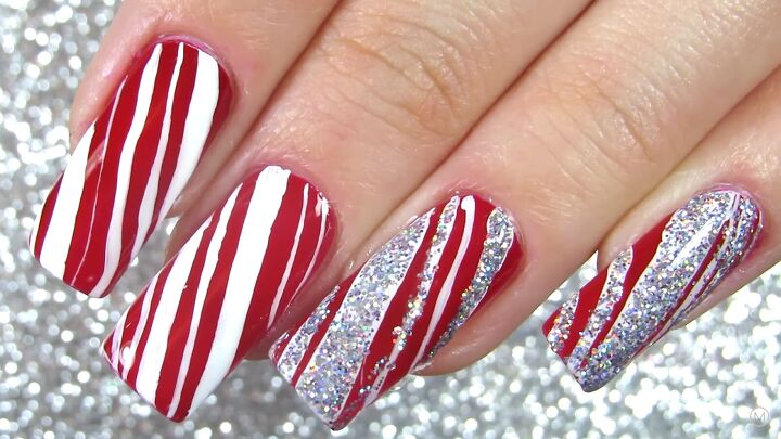 how to do cute red white candy cane christmas nails for the holidays, Candy cane Christmas nails