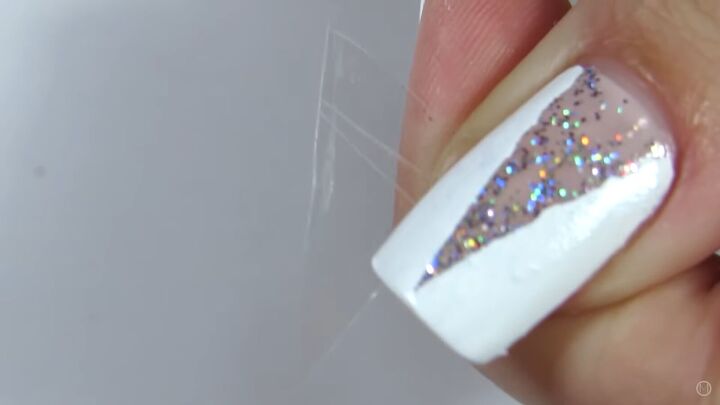 how to do classy white nails with silver glitter for christmas, Triangle ofclear sticky tape