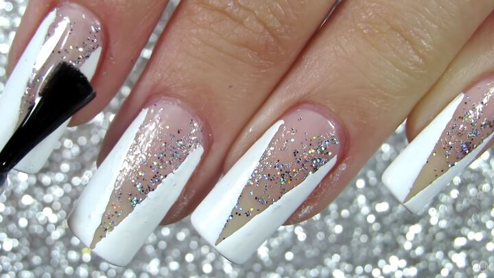 how to do classy white nails with silver glitter for christmas, Festive white with glitter nails