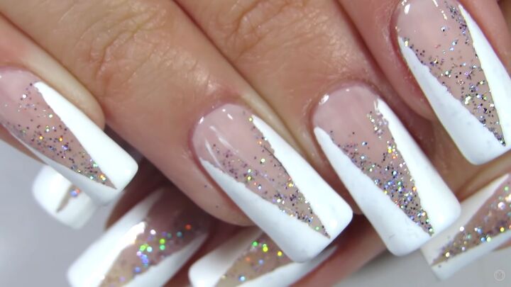 how to do classy white nails with silver glitter for christmas, Christmassy white nails with silver glitter