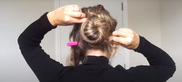 2 cute easy christmas updos for long hair you can try at home, Wrapping the braid around the bun