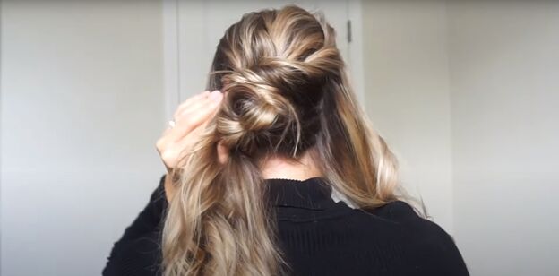 2 cute easy christmas updos for long hair you can try at home, Twisting and pulling hair to the back