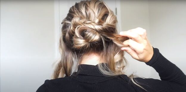2 cute easy christmas updos for long hair you can try at home, Pulling sections through the loops