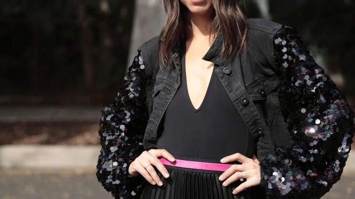 how to make a cute sparkly diy sequin jacket for the holidays, DIY sequin denim jacket