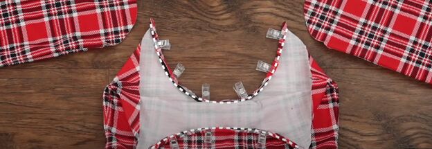 how to make a festive diy plaid christmas dress for the holidays, Attaching elastic to the dress neckline