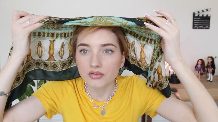 how to get straight hair without heat the silk scarf wrapping method, Laying a silk scarf on top of the head