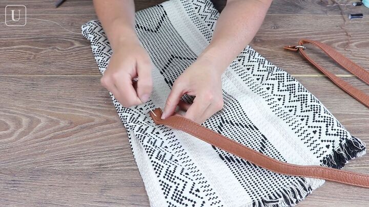 how to make diy bags from placemats cute boho inspired bag tutorial, Sewing the strap ends to the bag