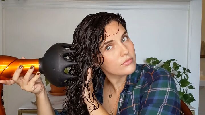 this diy flaxseed gel recipe for curly hair is super easy to make, Using a diffuser to dry curly hair
