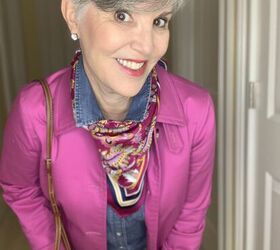 what to wear in new york in the fall, Don t you love the pairing of the lilac pink rain jacket with the medium brown crossbody and brown slim cut Talbots slacks The bright Talbots scarf ties the denim shirt together with the rest of the outfit